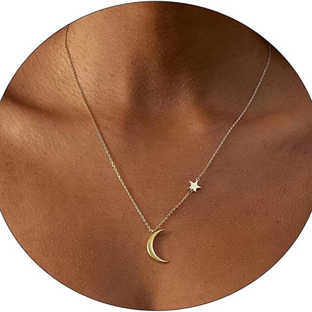 Gold Plated Moon and Star Pendant Necklace Dainty Minimalist Jewelry for Women